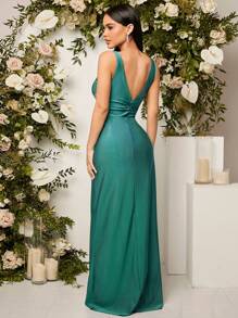 SHEIN Belle Váy phù dâu xẻ đùi cổ áo chéo, váy dạ hội trang trọng thanh lịch cho khách dự tiệc cưới, tốt nghiệp, váy dự tiệc tối - màu xanh lá - Xem 2