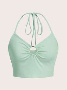 SHEIN ICON Solid Ring Detail Halter Top - Mint Green - View 1