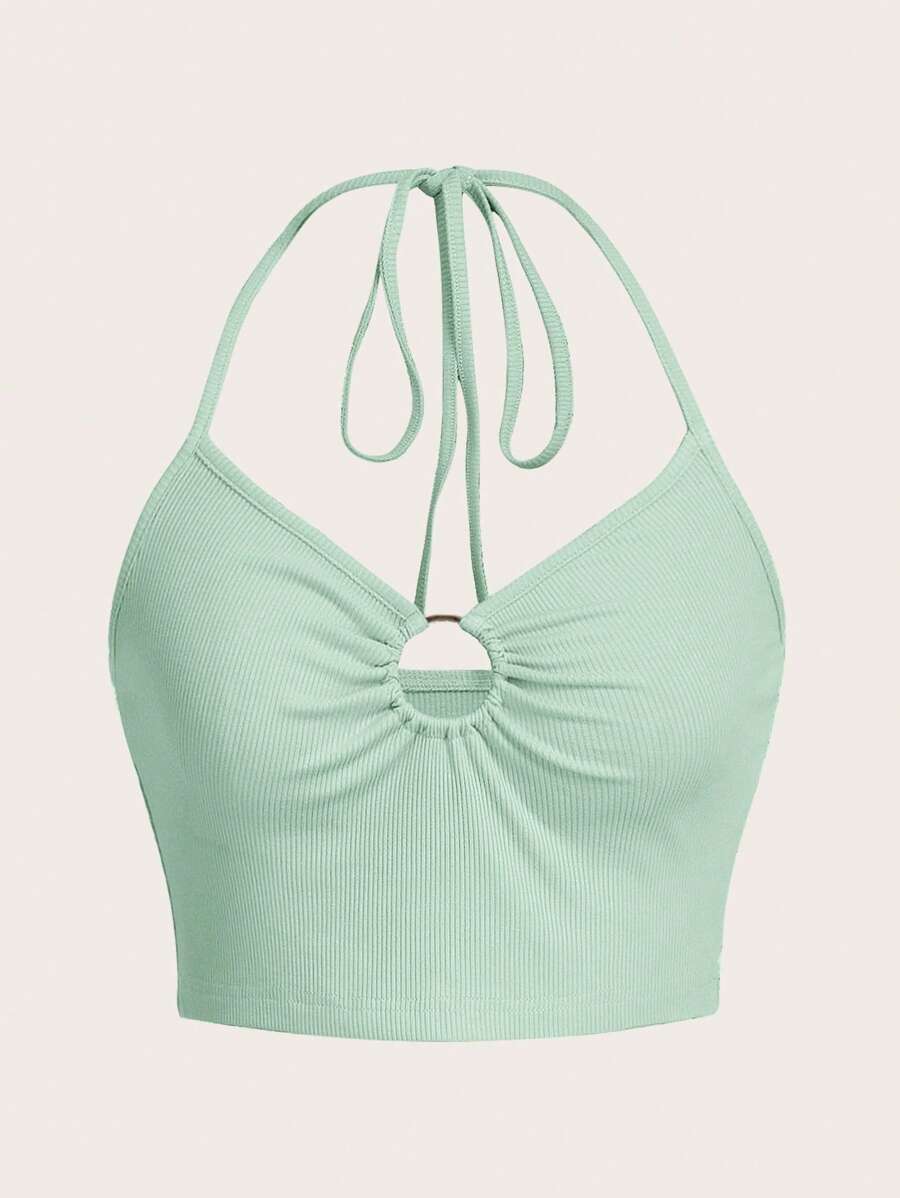 SHEIN ICON Solid Ring Detail Halter Top - Mint Green - View 1