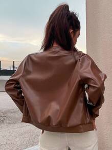SHEIN Unity 拉链 PU 皮夹克，女士深秋休闲口袋，拉链落肩立领宽松棕色聚氨酯纯色女士夹克，户外活动 - 棕色 - 查看 2