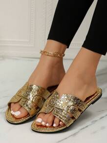 女性舒服的和時尚平底涼鞋適用於休閒夏天穿戴 - 金色 - 查看 7