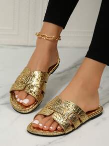 女性舒服的和時尚平底涼鞋適用於休閒夏天穿戴 - 金色 - 查看 9