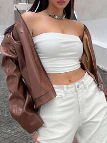 SHEIN Unity 拉链 PU 皮夹克，女士深秋休闲口袋，拉链落肩立领宽松棕色聚氨酯纯色女士夹克，户外活动 - 棕色 - 查看 4