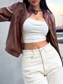 SHEIN Unity 拉链 PU 皮夹克，女士深秋休闲口袋，拉链落肩立领宽松棕色聚氨酯纯色女士夹克，户外活动 - 棕色 - 查看 5