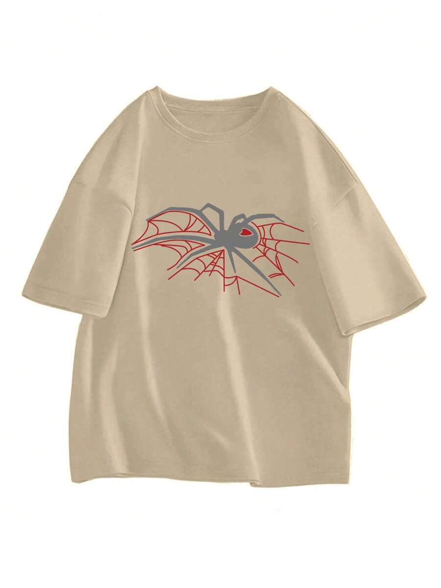 男士蜘蛛印花 T 恤，适合万圣节 - 卡其色 - 查看 1
