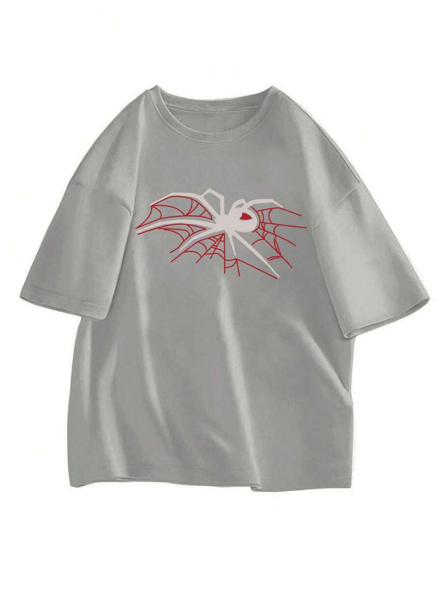 Men Spider Print Tee, For Halloween - Light Grey - View 1