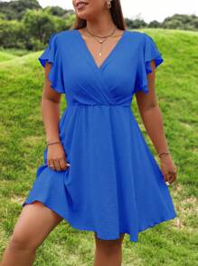 SHEIN Holidaya Hơn áo tay bướm Đầm - Màu xanh lam - Xem 1