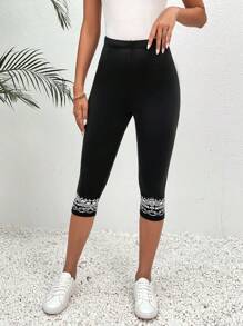 SHEIN LUNE 圖案印花七分緊身打底褲 - 黑色 - 查看 1