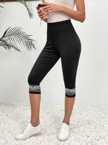 SHEIN LUNE 圖案印花七分緊身打底褲 - 黑色 - 查看 3