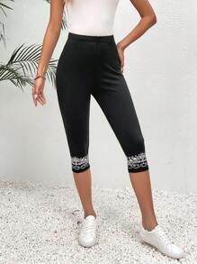 SHEIN LUNE 圖案印花七分緊身打底褲 - 黑色 - 查看 4