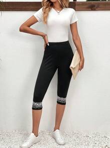 SHEIN LUNE 圖案印花七分緊身打底褲 - 黑色 - 查看 5