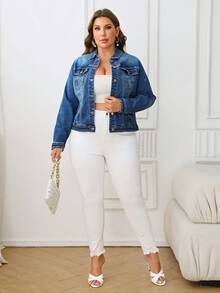SHEIN Plus Flap Pocket Denim Jacket - Medium Wash - View 3