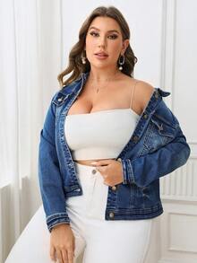 SHEIN Plus Flap Pocket Denim Jacket - Medium Wash - View 5