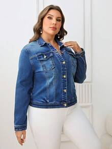 SHEIN Plus Flap Pocket Denim Jacket - Medium Wash - View 6