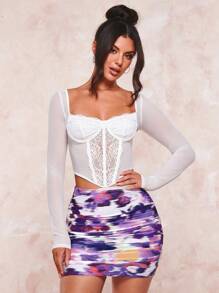 SHEIN BAE 蕾絲拼接緊身上衣頭巾下擺短款上衣 - 白色 - 查看 1