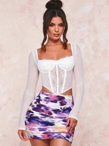 SHEIN BAE 蕾絲拼接緊身上衣頭巾下擺短款上衣 - 白色 - 查看 4