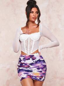 SHEIN BAE 蕾絲拼接緊身上衣頭巾下擺短款上衣 - 白色 - 查看 6