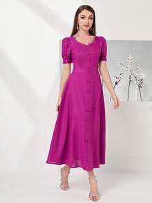 Modelyn 100% Cotton Puff Sleeve Button Front Top & Skirt Set - Red Violet - View 3