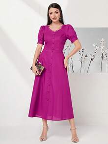 Modelyn 100% Cotton Puff Sleeve Button Front Top & Skirt Set - Red Violet - View 5