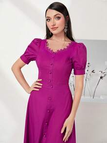 Modelyn 100% Cotton Puff Sleeve Button Front Top & Skirt Set - Red Violet - View 6
