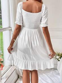 SHEIN VCAY 方領泡泡袖荷葉邊連衣裙 - 白色 - 查看 2