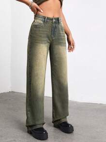 SHEIN ICON Slant Pocket Wide Leg Jeans Without Belt - Medium Wash - View 4