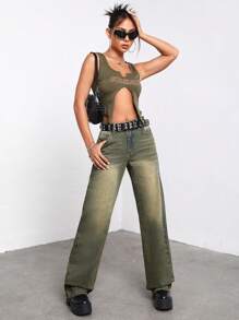 SHEIN ICON Slant Pocket Wide Leg Jeans Without Belt - Medium Wash - View 1