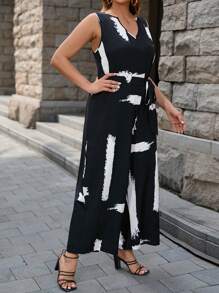 SHEIN LUNE 休閒口袋 腰帶繪圖加大碼連身褲 - 黑與白 - 查看 4