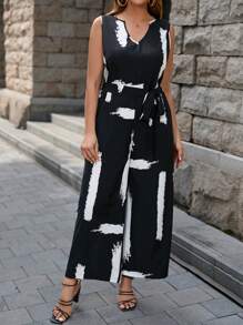 SHEIN LUNE 休閒口袋 腰帶繪圖加大碼連身褲 - 黑與白 - 查看 1