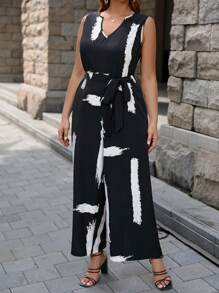 SHEIN LUNE 休閒口袋 腰帶繪圖加大碼連身褲 - 黑與白 - 查看 5