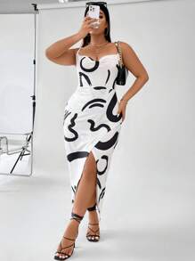 Allurite Talla grande Vestido de tirantes con estampado de dibujo - Blanco - Ver 3