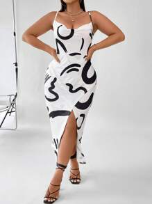 Allurite Talla grande Vestido de tirantes con estampado de dibujo - Blanco - Ver 4