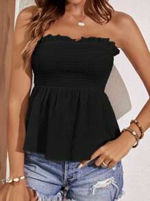 SHEIN Frenchy 褶邊荷葉邊背心黑色麻花布扣緊罐頭上衣 - 黑色 - 查看 6