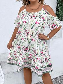 SHEIN Clasi 大碼印花挖肩荷葉邊連衣裙 - 彩色 - 查看 1
