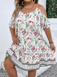 SHEIN Clasi 大碼印花挖肩荷葉邊連衣裙 - 彩色 - 查看 3