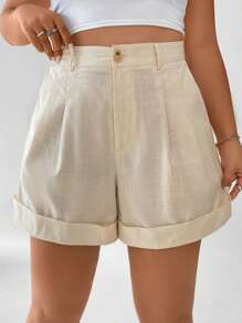 Calvaya Hơn Cao eo Chi tiết nếp Cuộn lên Hem Quần short - Màu be - Xem 1