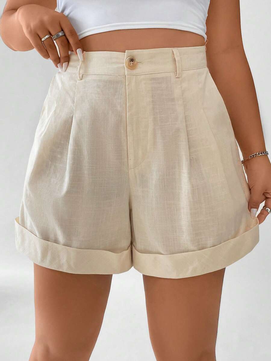 Calvaya Hơn Cao eo Chi tiết nếp Cuộn lên Hem Quần short - Màu be - Xem 1