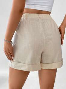 Calvaya Hơn Cao eo Chi tiết nếp Cuộn lên Hem Quần short - Màu be - Xem 2