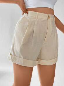 Calvaya Hơn Cao eo Chi tiết nếp Cuộn lên Hem Quần short - Màu be - Xem 3