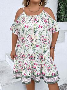 SHEIN Clasi 大碼印花挖肩荷葉邊連衣裙 - 彩色 - 查看 8