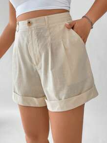 Calvaya Hơn Cao eo Chi tiết nếp Cuộn lên Hem Quần short - Màu be - Xem 4