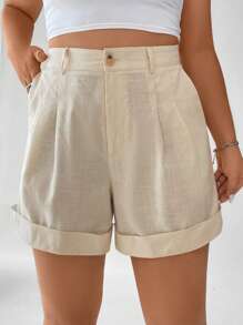 Calvaya Hơn Cao eo Chi tiết nếp Cuộn lên Hem Quần short - Màu be - Xem 5