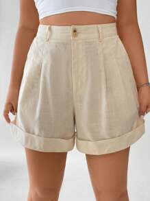 Calvaya Hơn Cao eo Chi tiết nếp Cuộn lên Hem Quần short - Màu be - Xem 6