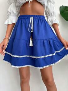 EURMUSE Váy mini thường ngày viền xếp ly, dây rút eo cho nữ - Màu xanh lam - Xem 2