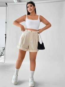 Calvaya Hơn Cao eo Chi tiết nếp Cuộn lên Hem Quần short - Màu be - Xem 7