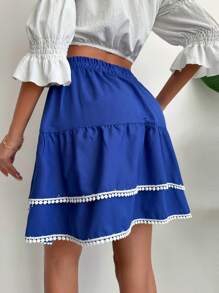 EURMUSE Váy mini thường ngày viền xếp ly, dây rút eo cho nữ - Màu xanh lam - Xem 3