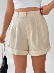 Calvaya Hơn Cao eo Chi tiết nếp Cuộn lên Hem Quần short - Màu be - Xem 8