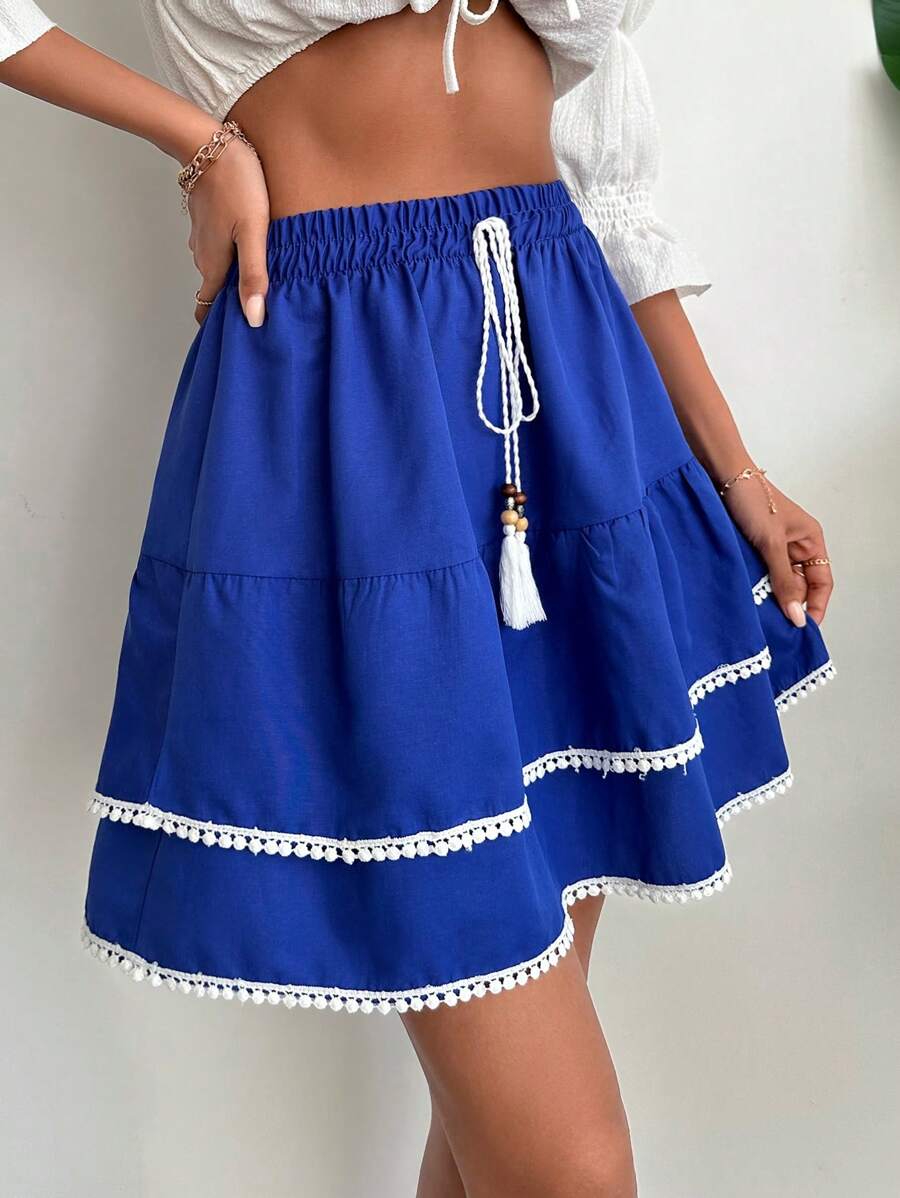 EURMUSE Váy mini thường ngày viền xếp ly, dây rút eo cho nữ - Màu xanh lam - Xem 1