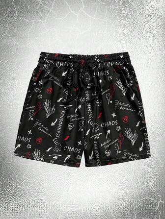 Goth Guys Letter Graphic Drawstring Waist Shorts