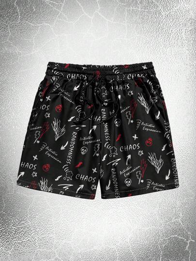 Goth Guys Letter Graphic Drawstring Waist Shorts